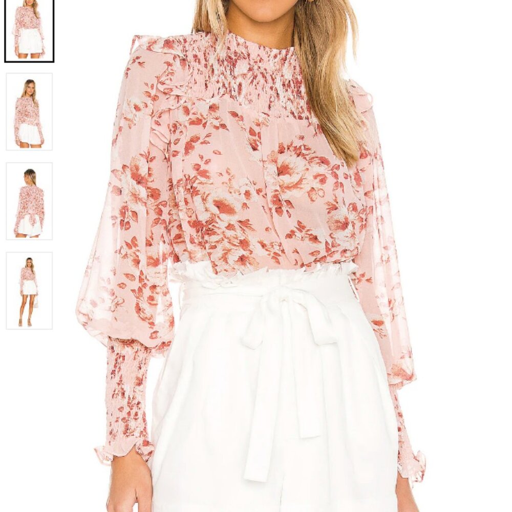 Bardot Remi Blouse x Revolve Floral Peach smocked yoke and cuffs size small